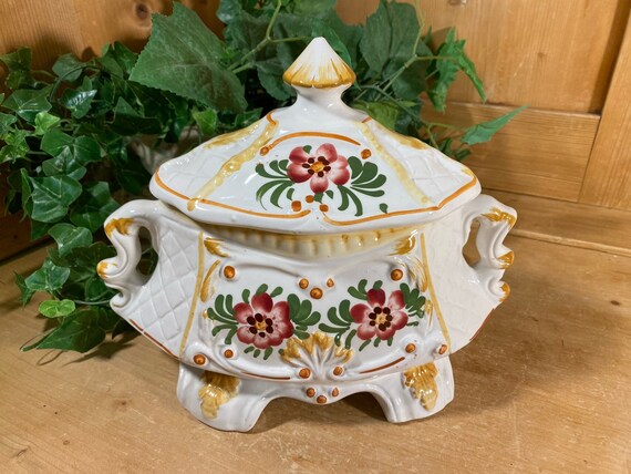 Vintage White + Floral Covered Dish | Flowered Ceramic Soup