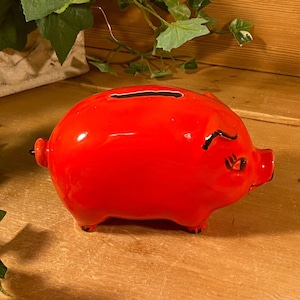 Vintage Red Ceramic Piggy Bank | Glazed Ceramic Pig Bank | "Denise" | Ceramic Coin Bank | Kids Piggy Bank | Pig Shelf Decor | Pig Collector