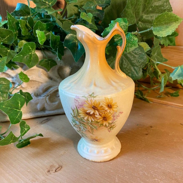 Antique Hand-Painted Floral Flower Vase | Gold Gilded Flower Ewer - Early 1900s | Cottagecore Table Decor | Shabby Chic | Victorian Decor