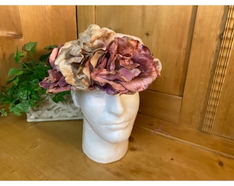 Vintage Pink Floral Velvet Hat | Soft Fabric Roses in Blush Pink and Mauve | 1950s-1960s | Costume Prop | Womens Fashion