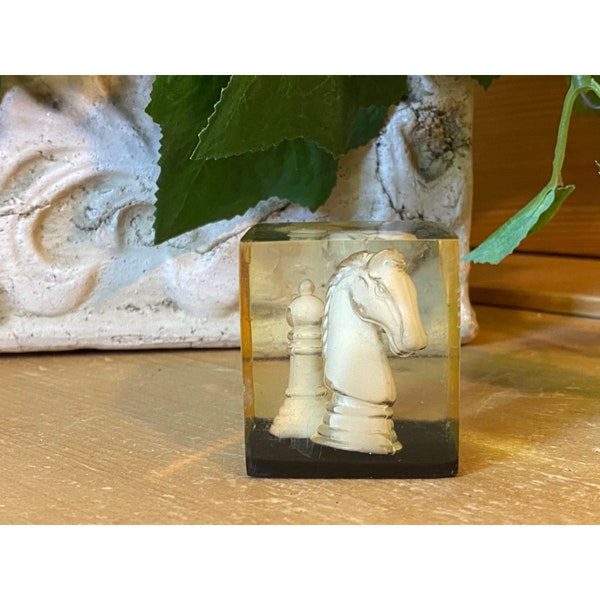 Vintage Clear Resin Chess Piece Paperweight | Chess Pieces Paperweight | Knight + Pawn | Midcentury Modern | MCM | Vintage Chess Desk Decor