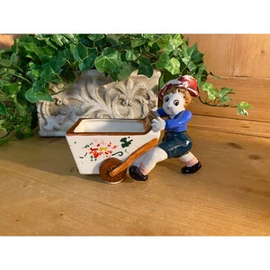 Vintage Ceramic Figurine Planter | Little Boy With Christmas Cart | Chippy Paint | Wagon Flower Pot | Whimsical Holiday Decor | Shelf Decor