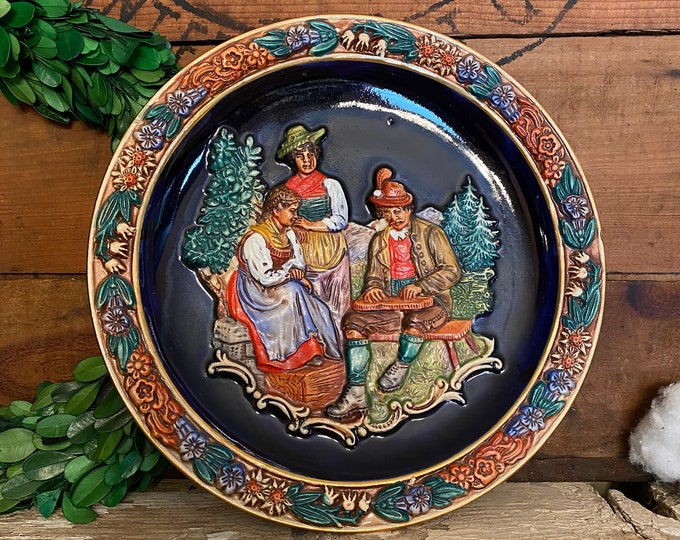 Vintage Germany Pottery Plate Man Playing Zither Bavarian Village