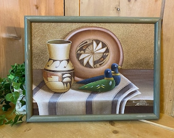 Vintage Southwest Framed Art | Southwest Pottery and Bird Still Life Sand Art | Framed Wall Decor | Vintage Southwestern Art