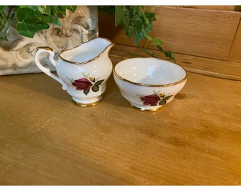 Vintage White China Sugar Bowl and Creamer with Roses - Set of 2 | Imperial | Shabby Chic | Sugar Bowl + Cream Pitcher | Made In England