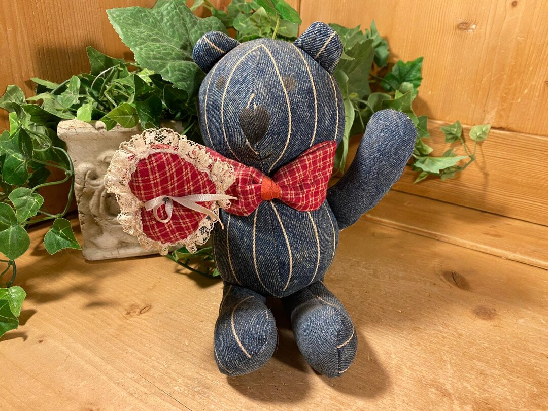 Vintage Pinstriped Denim Teddy Bear With Plaid Bow Tie and Lace-trimmed ...