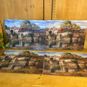 Vintage Village Scene Cork-Backed Placemats - Set of 8 | European Town On A River | Decorative Placemats | Cottagecore Table Decor