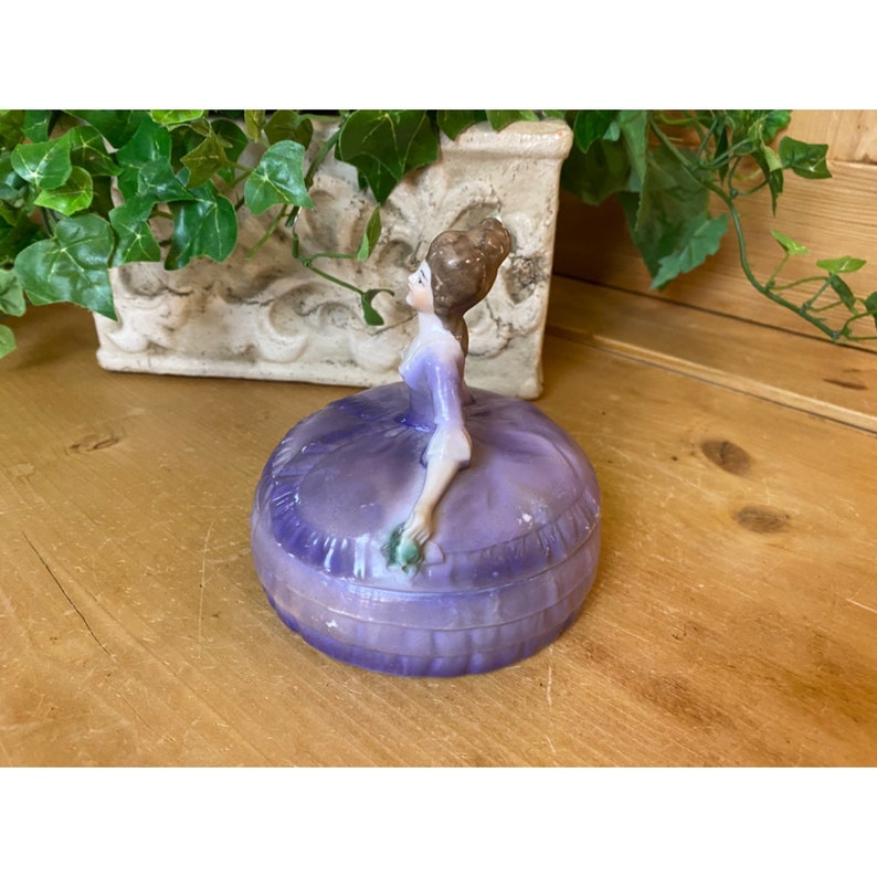 Vintage Porcelain Victorian Trinket Box | Woman In An Elegant Purple Ballgown | Shabby Chic | Made In Germany | Vanity or Dresser Decor image 2