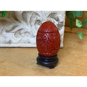 Vintage Wedding Double Happiness Egg | Handcarved Red Cinnabar Egg with Stand | Academia | Good Fortune | Asian | Stone Egg | Chinese