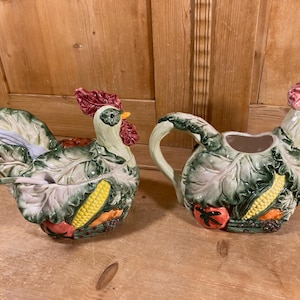 Item #280 Vintage Vegetable Chicken Soup Tureen & Pitcher Set | Lettuce Cabbageware Chicken | Vintage Kitchen Decor