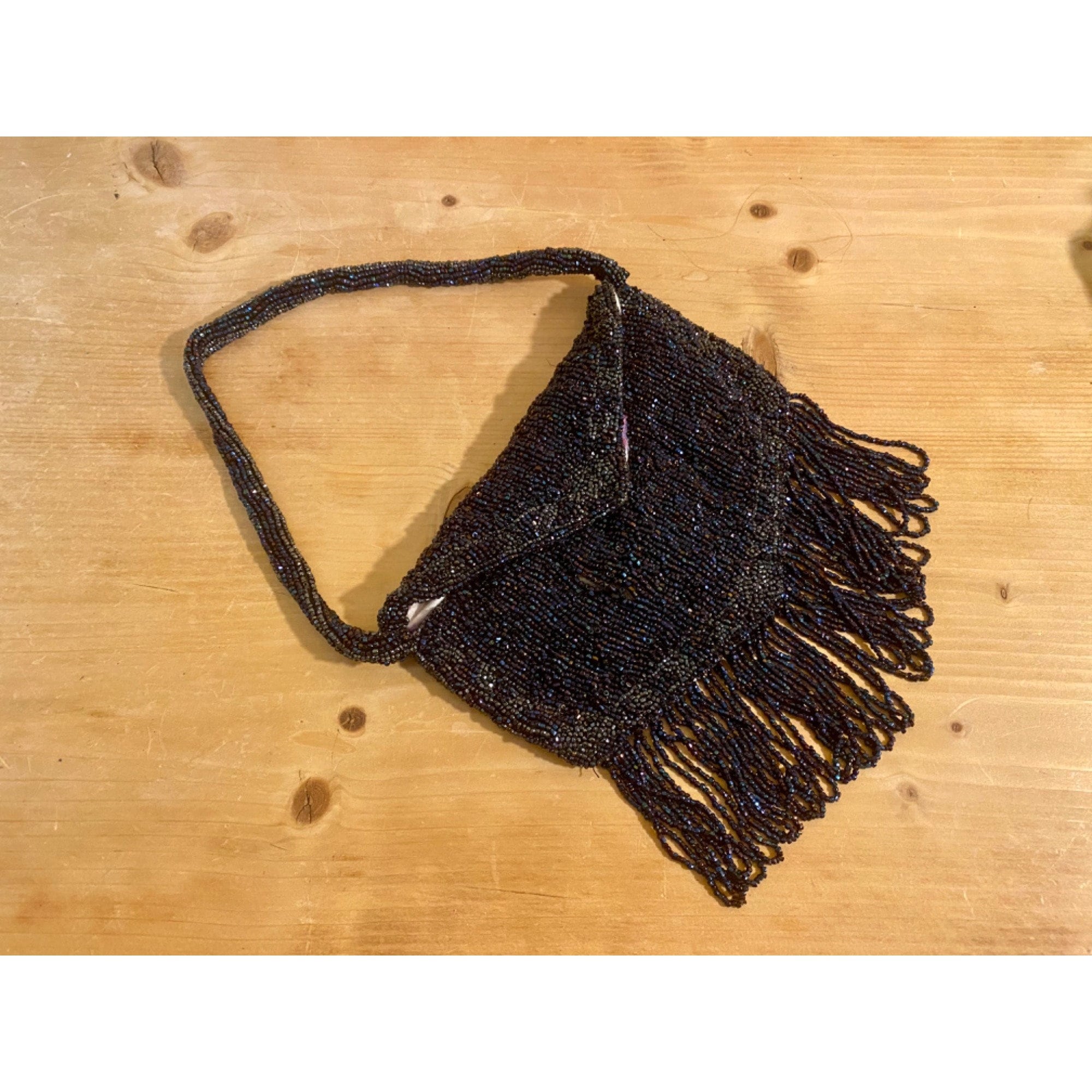 Beaded Fringed Wristlet Handbag Vintage Dark Blue/Purple Irridescent Bead Trim Handbag Dressy Evening Bag Single Strap - Snap Closure