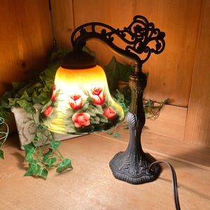 Vintage Handpainted Art Glass Table Lamp | Bridge Arm Victorian Accent Lamp | Art Glass Shade with Painted Roses | Ornate Metal Base