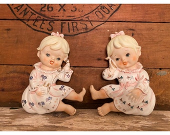 Vintage Ceramic Girls on Telephones - Set of 2 | Shabby Chic | Vintage Wall Decor | Nursery Decor | Ceramic Babies | Pink Baby Decor