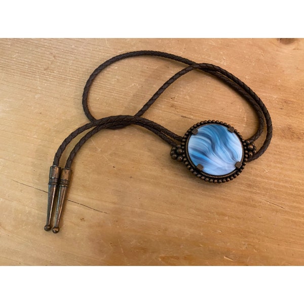 Vintage Blue Agate Bolo Tie | Polished Stone Sphere On Adjustable Black Cord with Metal Tips | Western Wear | Fashion Accessory | 1970s-80s