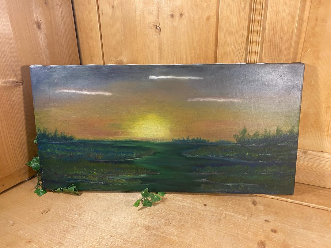Vintage Sunset Landscape Painting on Canvas | Original Art | Setting ...