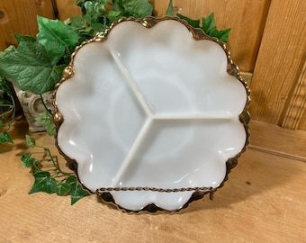 Vintage Scalloped Milk Glass Divided Serving Dish | Three-Section White Glass Relish Tray | Midcentury Modern | Cottagecore Appetizer Plate