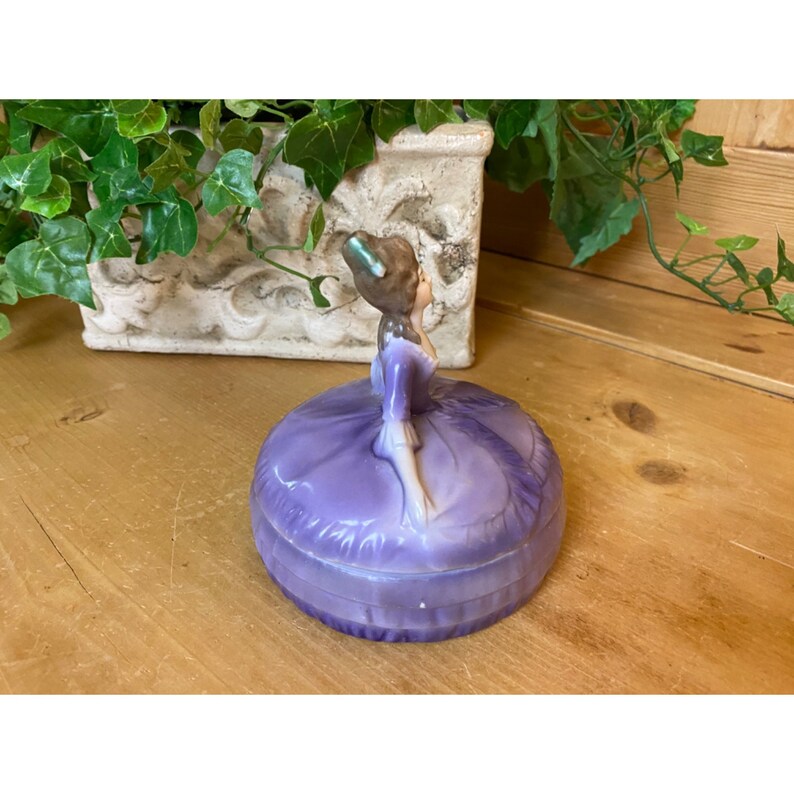 Vintage Porcelain Victorian Trinket Box | Woman In An Elegant Purple Ballgown | Shabby Chic | Made In Germany | Vanity or Dresser Decor image 4