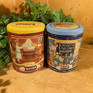 Vintage Tin Canisters: Tootsie Roll - Set of 2 | Teacher&#39;s Lesson + Dancing Kids | Round Tin Canisters | Vintage Advertising | Academia