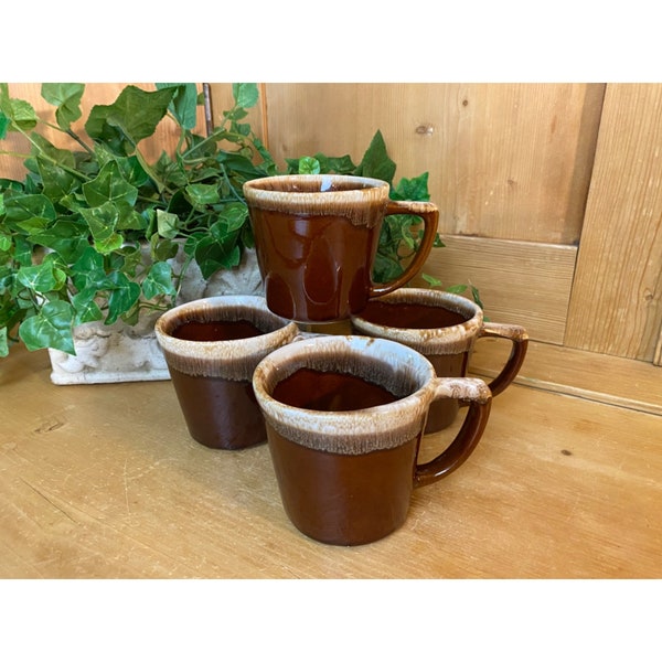 Vintage Brown Drip Glaze Pottery Coffee Mugs - Set of Four | McCoy Pottery | D Handle Coffee Cups  | MCM | Retro Tableware | USA | 1970s