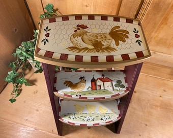 Vintage Folk Art Chickens Wooden Stepstool | Tiered Shelf/Stool with Painted Farmhouse Scenes | Hen, Rooster, Barn | Rustic Farmhouse Decor