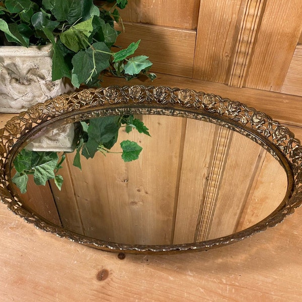 Vintage Ornate Mirrored Dresser Tray | Round Mirror Glass Vanity Tray with Metal Trim | Victorian Table Decor | Shabby Chic | Academia