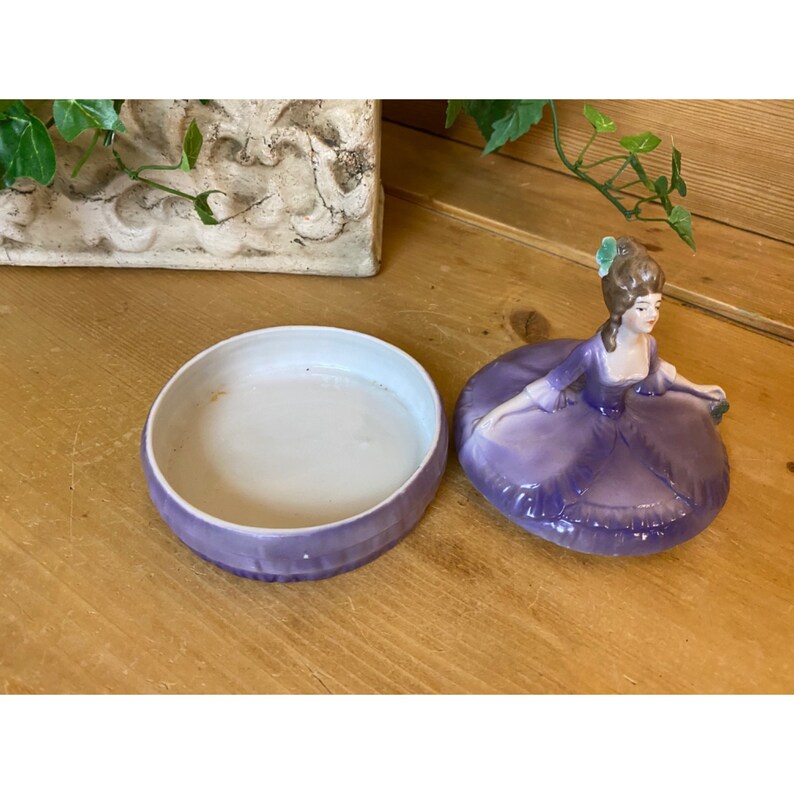 Vintage Porcelain Victorian Trinket Box | Woman In An Elegant Purple Ballgown | Shabby Chic | Made In Germany | Vanity or Dresser Decor image 5