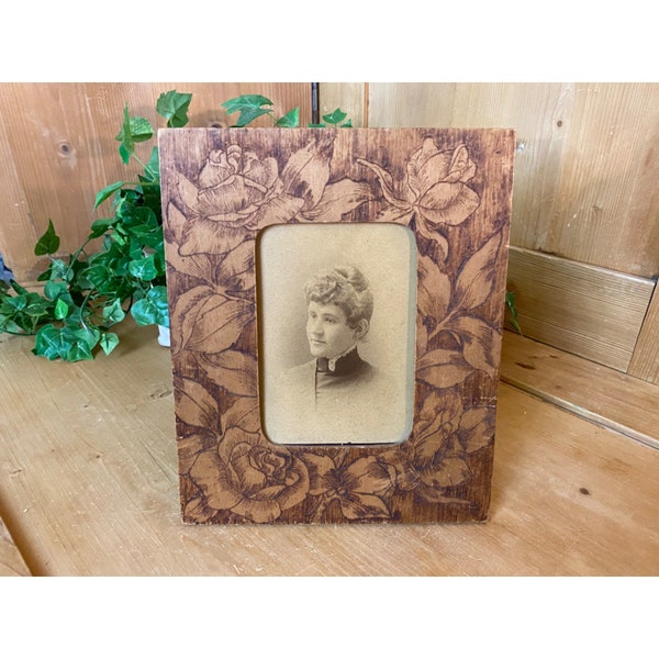 Vintage Framed Sepia Tone Photo | Victorian | Woman in San Bernardino, CA in 1887-1888 | Pyrograph Wood Frame | Shabby Chic | Photography