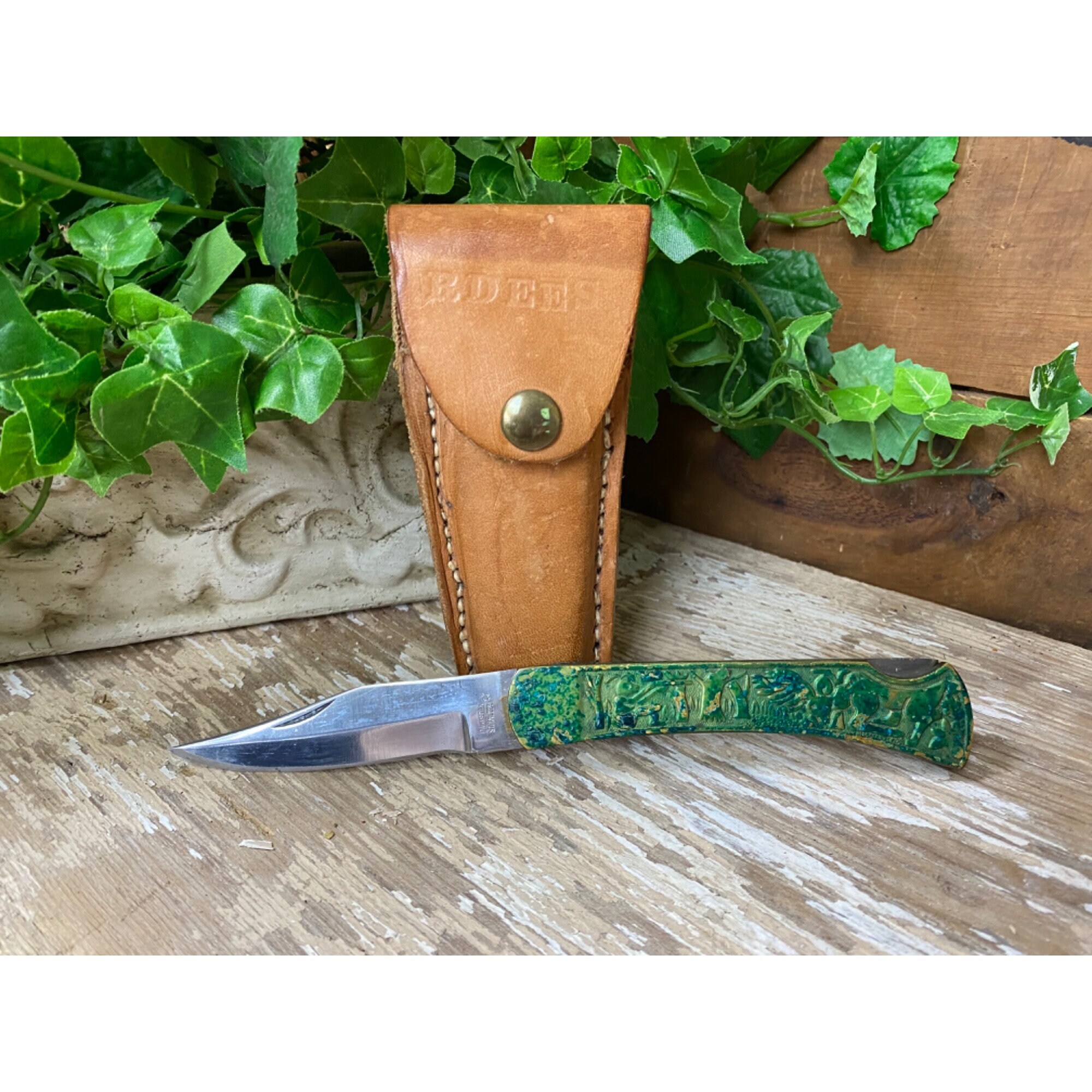 Vintage Forest Scene Brass Patina Large Pocket Knife With Leather Sheath  Forestcore Pakistan Vintage Tools Hunting Outdoors -  Canada