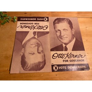 Cartel de publicidad política vintage / Conjunto de dos - Grabados juntos / Otto Kerner para gobernador / MCM / Demócrata / Historia de Illinois 1960