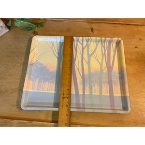 Vintage French Art Tray Creation Alpac France Forest Scene In Pastels Forestcore Serving Tray Winter Trees At Sunset Table Decor image 4
