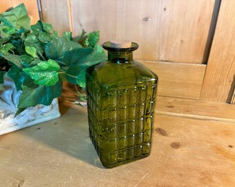 Vintage Olive Green Carafe Bottle with Cork Top | Midcentury Modern Table Decor | MCM | Bohemian Green Glass | Wine or Water Carafe