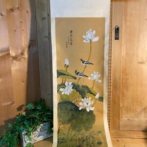 Vintage Asian Wall Scroll with White Flowers and Birds | 48" Scroll | Vintage Japanese or Chinese Wall Art | Asian Wall Decor