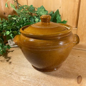 May include: A round, glazed brown ceramic casserole dish with a matching lid. The pot features two integrated side handles and a decorative embossed band pattern around the center of the body and the lid. The finish is a glossy, warm amber-brown.