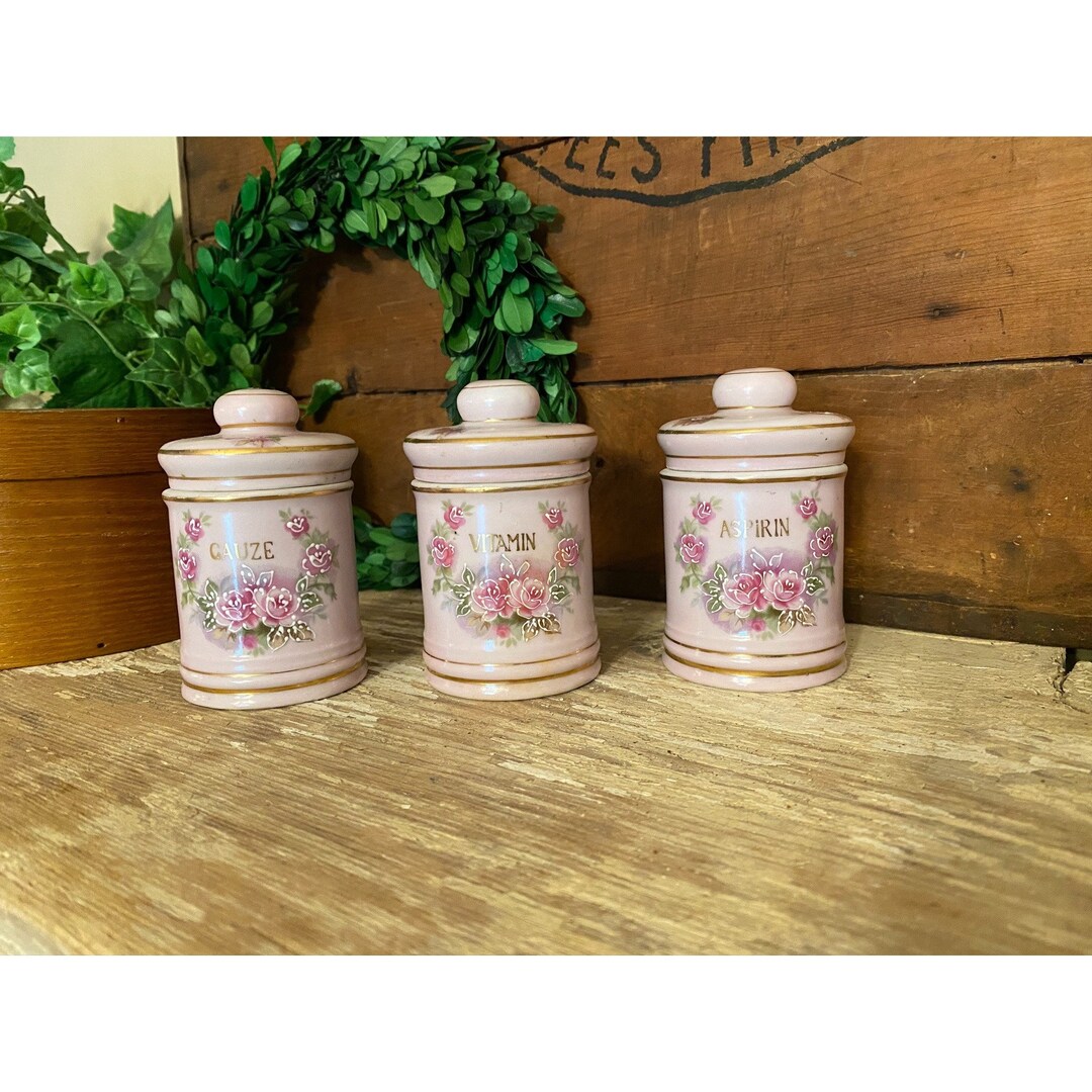 Antique Porcelain Apothecary Jars Set of 3 Vintage Purple Apothecary Jars, Aspirin, Gauze