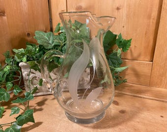 Vintage Etched Leaves Clear Glass Pitcher | Midcentury Modern Kitchen Decor | Clear Glass Pitcher | MCM Table Decor | Glass Water Pitcher