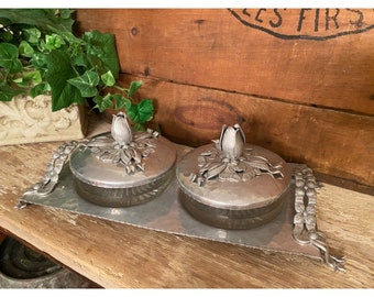 Vintage Hammered Aluminum Dresser Tray and Glass Containers with Lids | MCM | Vintage Bedroom Decor | Dressing Table | Floral | Trinket Dish