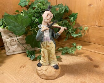 Vintage Ceramic Clown Figurine | Hobo Clown Playing A Violin | Blue + Yellow | Clowns | Midcentury Modern | Circus Shelf Decor | Collectible