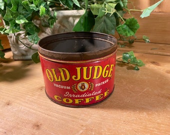 Vintage Tin: Old Judge Coffee | Vintage Advertising | Old Judge Coffee Can | Rustic Farmhouse Kitchen | Tin (no lid) w/ Patina | Primitives