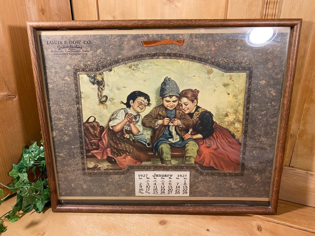 Antique Framed Wall Calendar With Children Advertising Art