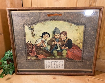 Antique Framed Wall Calendar with Children | Advertising Art | Illustrated Vintage Calendar | Victorian Wall Decor | Louis F. Dow Co.