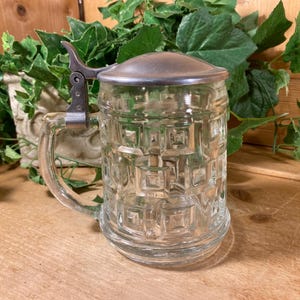 May include: A clear glass beer stein with a textured, square pattern. It has a metal hinged lid and handle. The stein is sitting on a wooden surface, with greenery in the background.