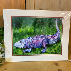 Vintage Alligator Print | Matted Photo of Colorful Gator | Purple Alligator On Grass | Coastal Wall Decor | Florida Swamp Photo