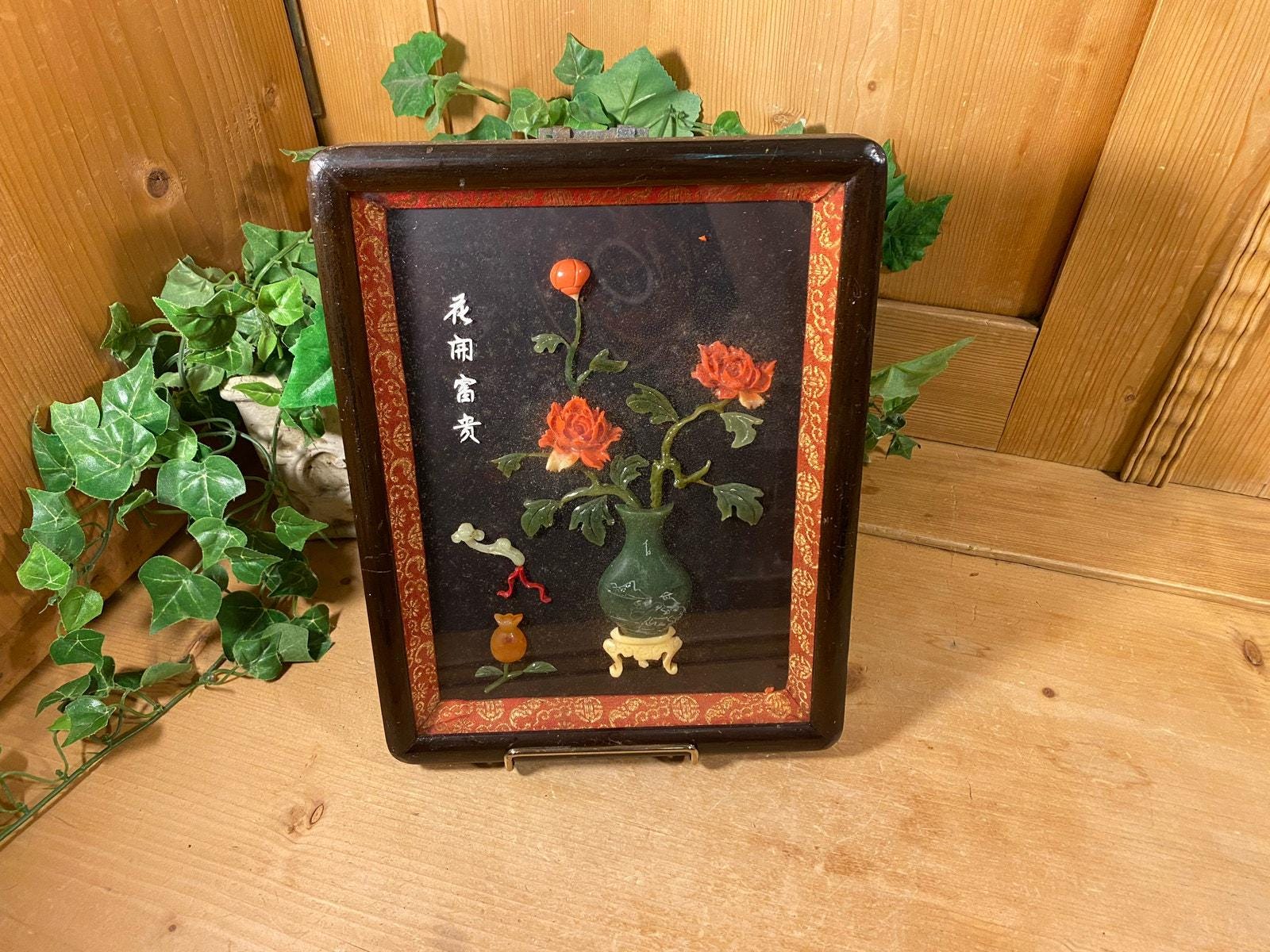 Vintage Framed Asian Shadow Box Art | Jade and Coral | Roses in 