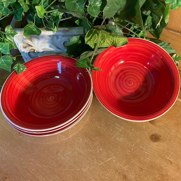 Vintage Red Ceramic Soup Bowls - Set of Four | Royal Norfolk | Retro Swirled Red Cereal Bowls | Retro Table Decor | Boho Tableware