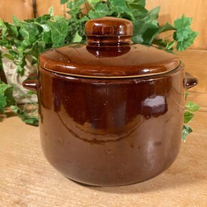 May include: A brown ceramic pot with a lid, featuring two small handles on the sides. The pot has a glossy finish and a rounded shape. The lid has a knob on top. The background includes greenery and wooden panels.