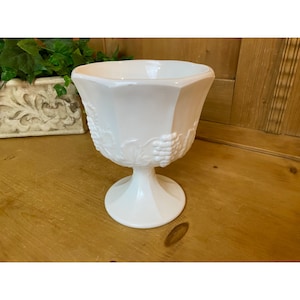 Vintage White Milk Glass Pedestal Dish with Grapes | Cottagecore | Serving Dish | Planter | Fruit Bowl | Shabby Chic | Table Decor