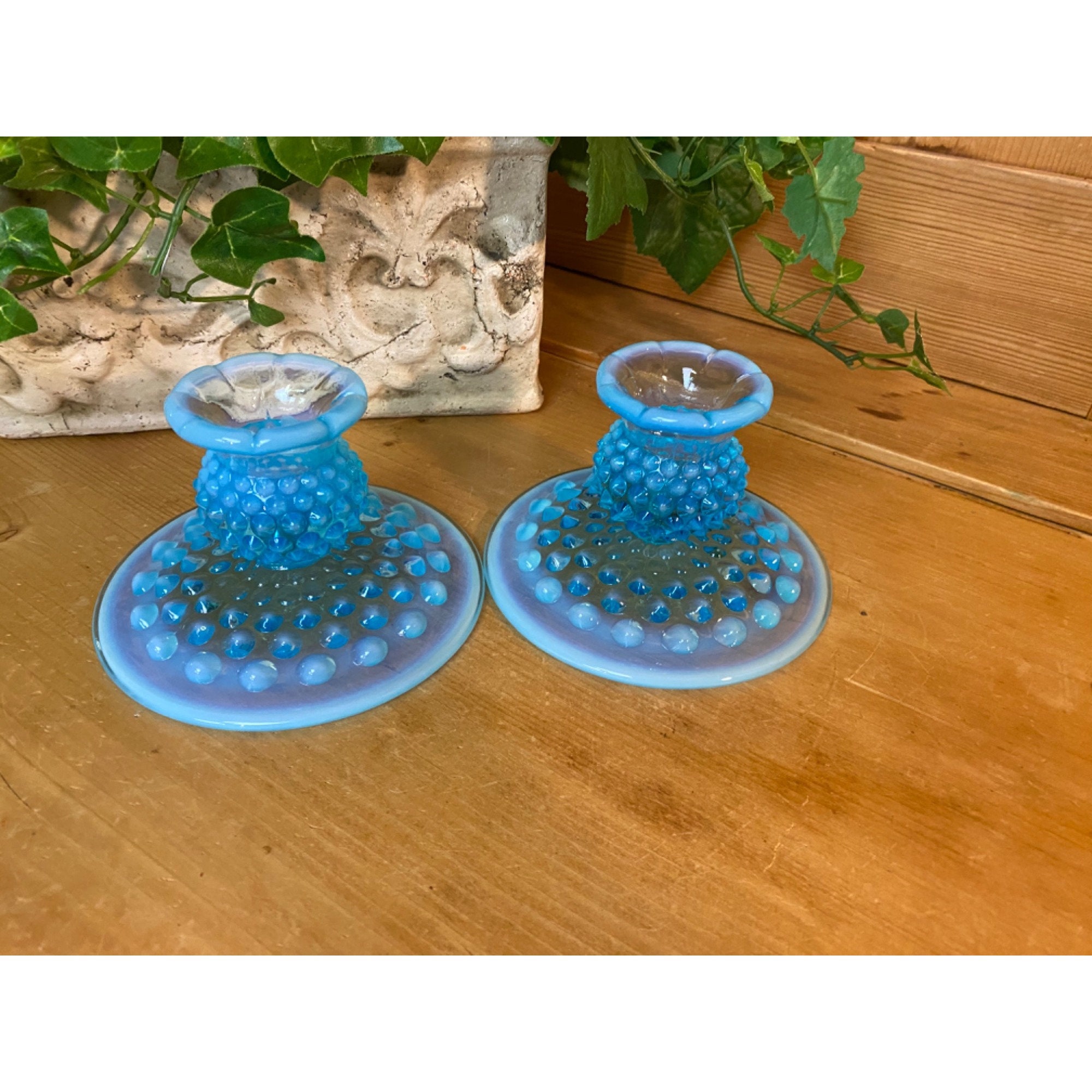 Vintage Fenton Blue Hobnail Glass Candle Holders - Set of Two