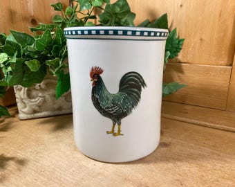 Vintage White Stoneware Utensil Holder with Chickens | BIA Coron Bleu | Rooster Ceramic Utensil Holder | Farmhouse Kitchen | French Country