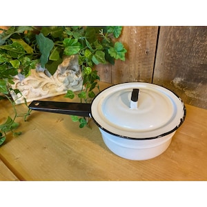 Vintage White with Black Rim Enamel Double Boiler Pan | Farmhouse Enamelware | Cottagecore Primitive Kitchen Pot | Vintage Kitchen Decor