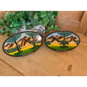 Vintage Polynesian Village Wooden Oval Plaques - Set of 2 | Thatched Island Huts and Mountain Scene | Academia | Wall Hangings | Wall Decor